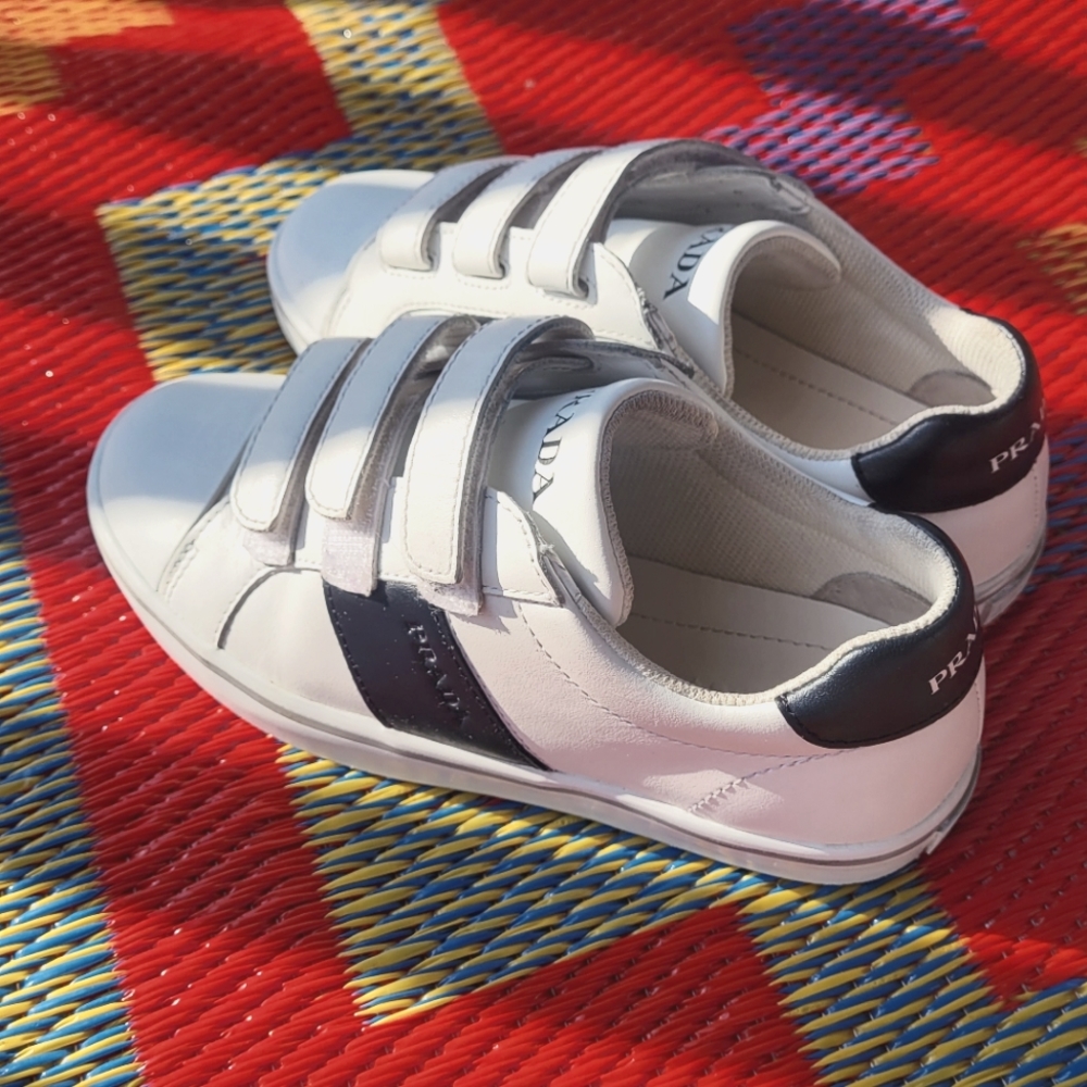 Prada Kids Black and White Leather Sneakers